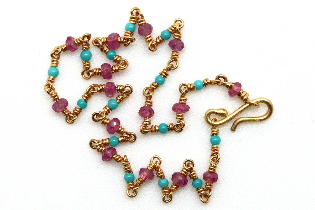 Bracelet - 24k gold, Pink Sapphire, Turquoise