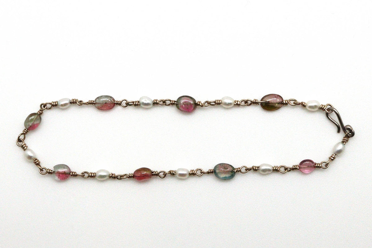 Bracelet - 14k white gold, Watermelon Tourmaline, Pearl