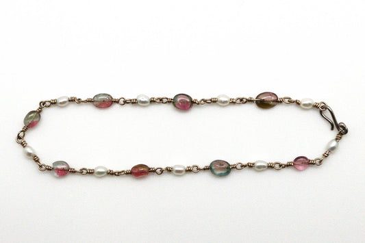 Bracelet - 14k white gold, Watermelon Tourmaline, Pearl