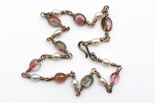 Bracelet - 14k white gold, Watermelon Tourmaline, Pearl