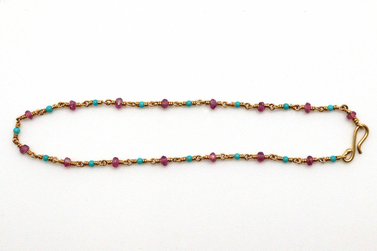 Bracelet - 24k gold, Pink Sapphire, Turquoise