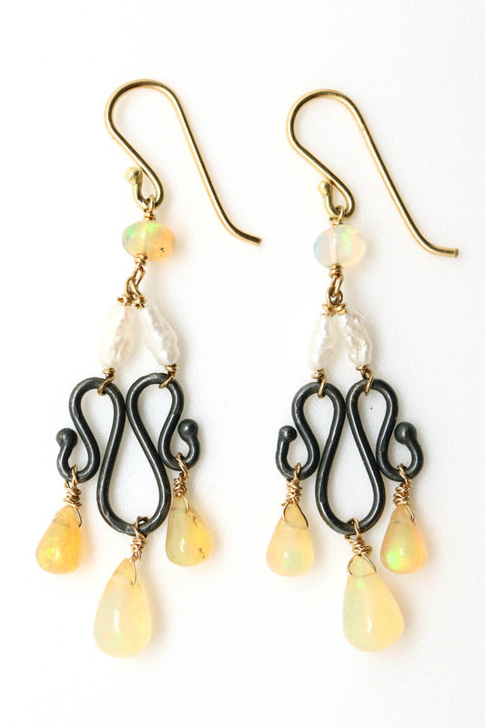 Earrings -  Blackened sterling, Opal, Pearl 18k gold