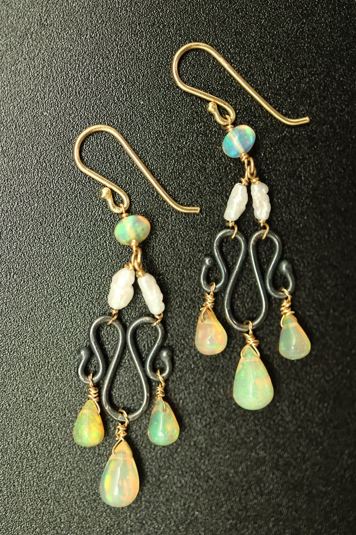 Earrings -  Blackened sterling, Opal, Pearl 18k gold