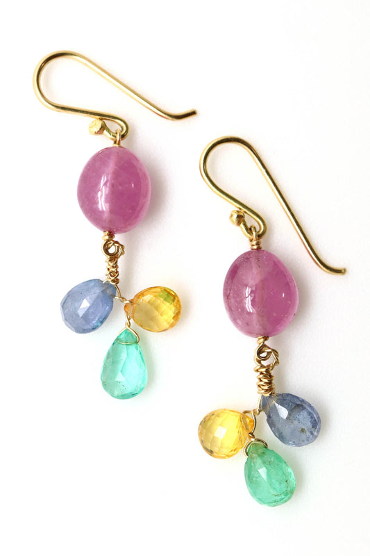 Earrings - Pink and Yellow Sapphires, Tanzanite, Emerald