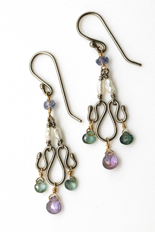 Earrings - Green and Purple Sapphires, Pearl