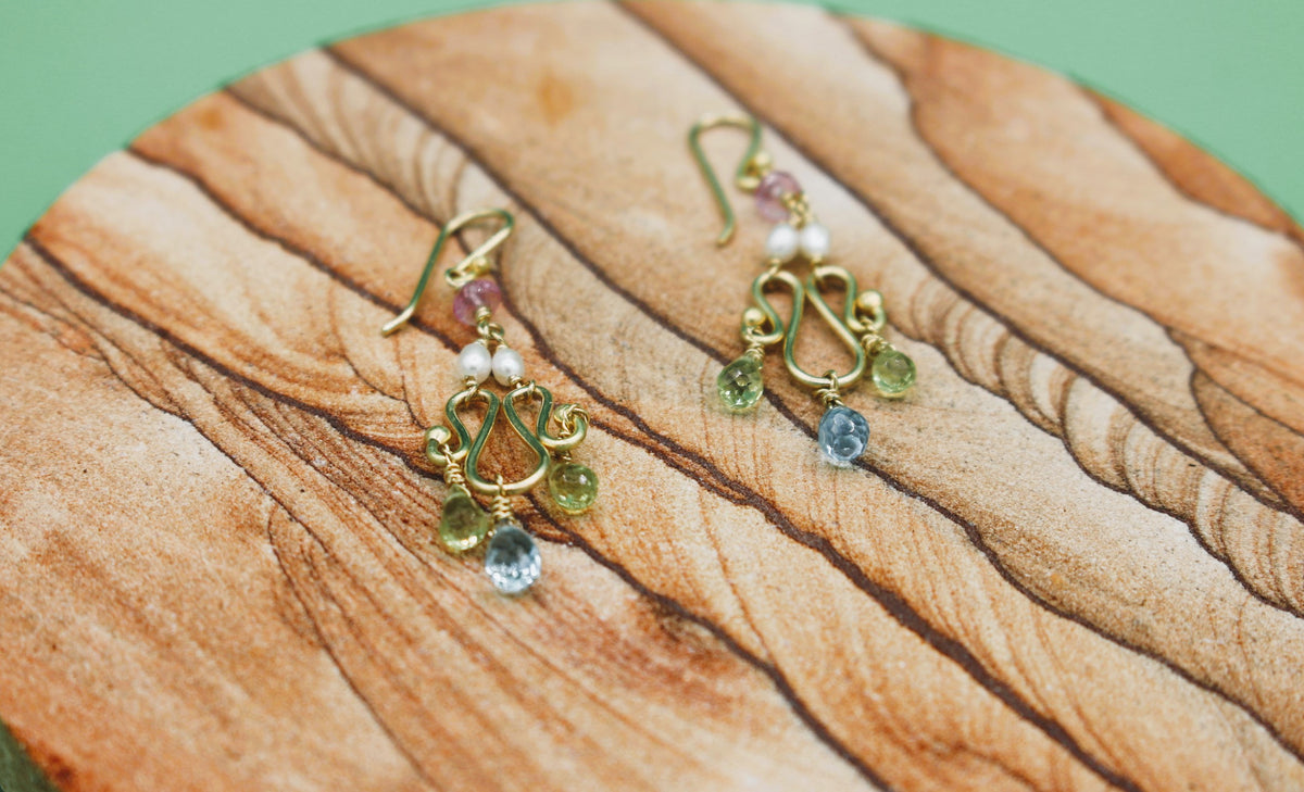 Snake Earrings - 18k Gold, Topaz, Peridot, Pearl, Pink Sapphire