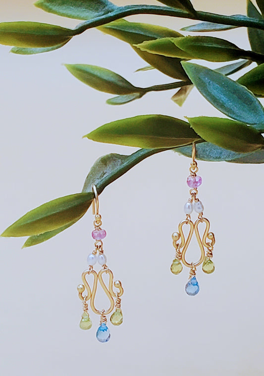 Snake Earrings - 18k Gold, Topaz, Peridot, Pearl, Pink Sapphire