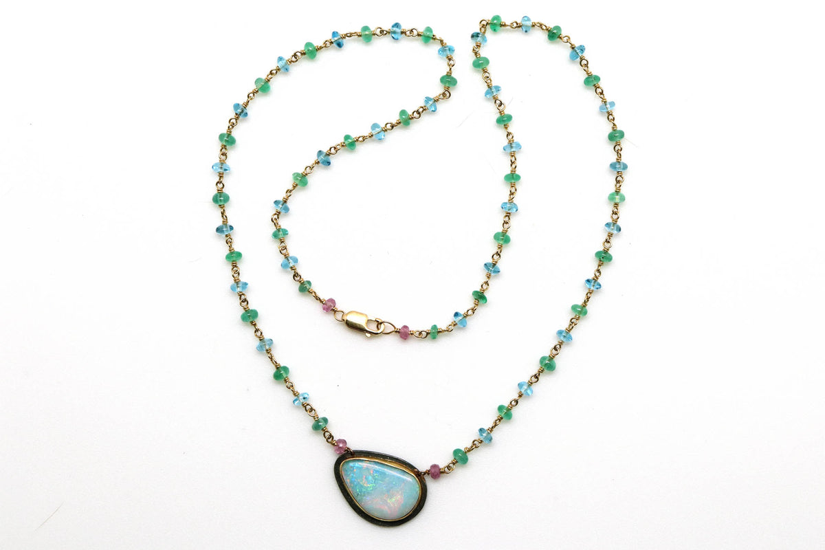 Necklace - Sterling, Australian Opal, Pink Sapphire, Emerald, Blue Topaz