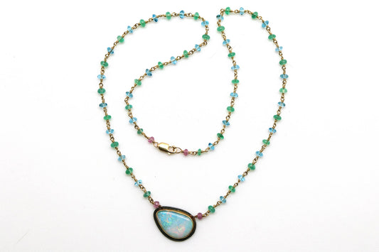 Necklace - Sterling, Australian Opal, Pink Sapphire, Emerald, Blue Topaz