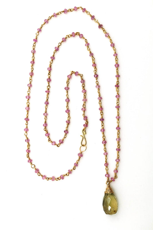 Necklace - Green Sapphire Briolette, Pink Sapphire