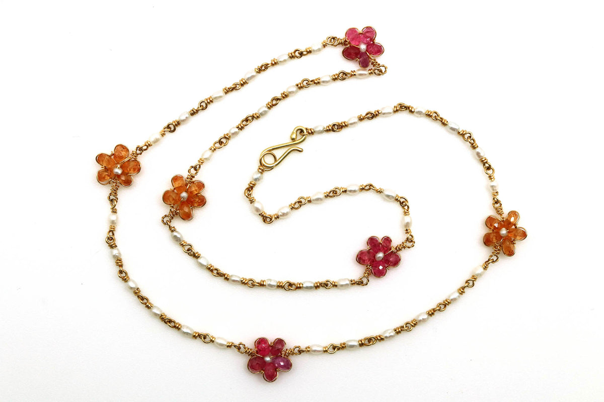Necklace - Pink Sapphire, Spessartite, Pearl