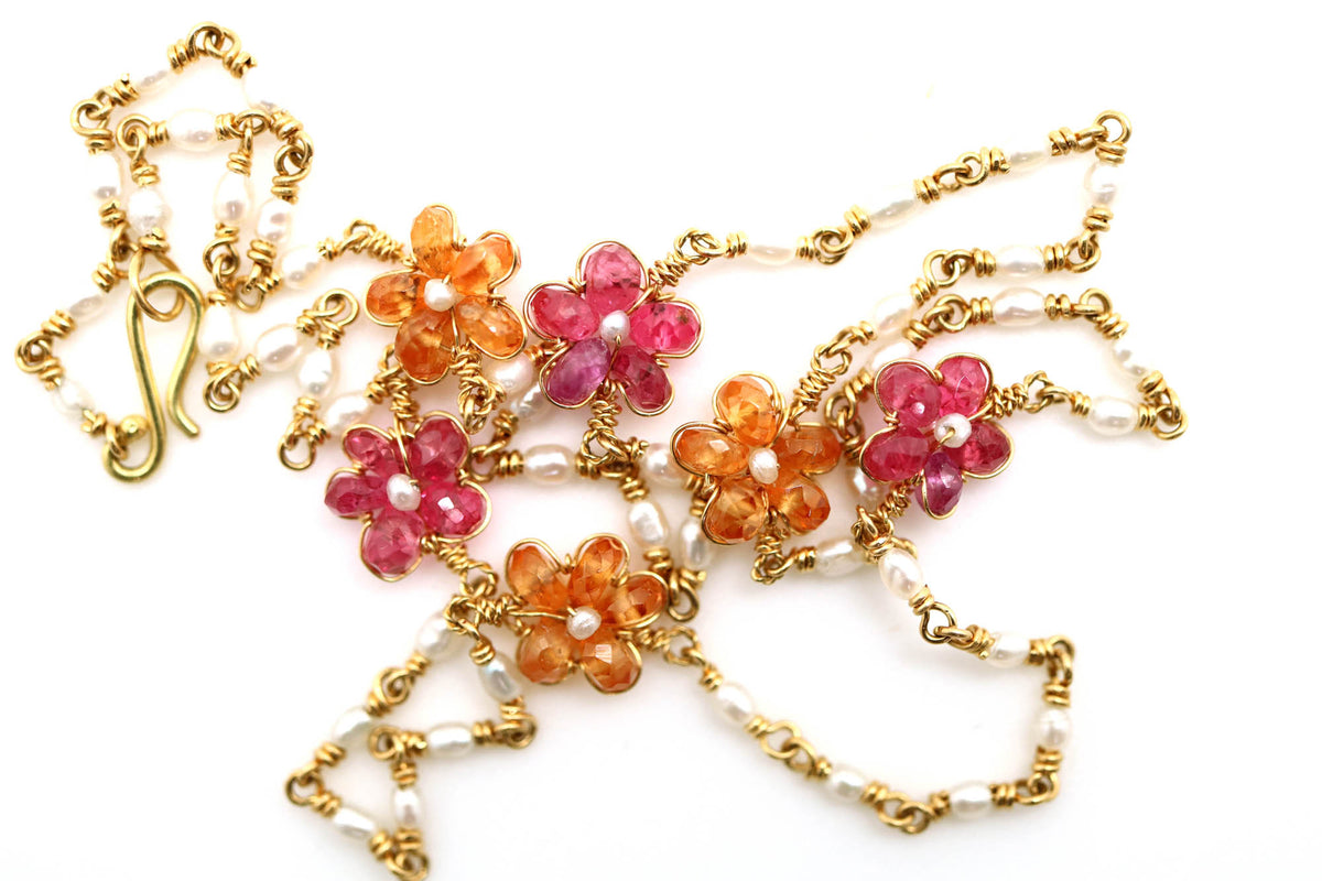 Necklace - Pink Sapphire, Spessartite, Pearl