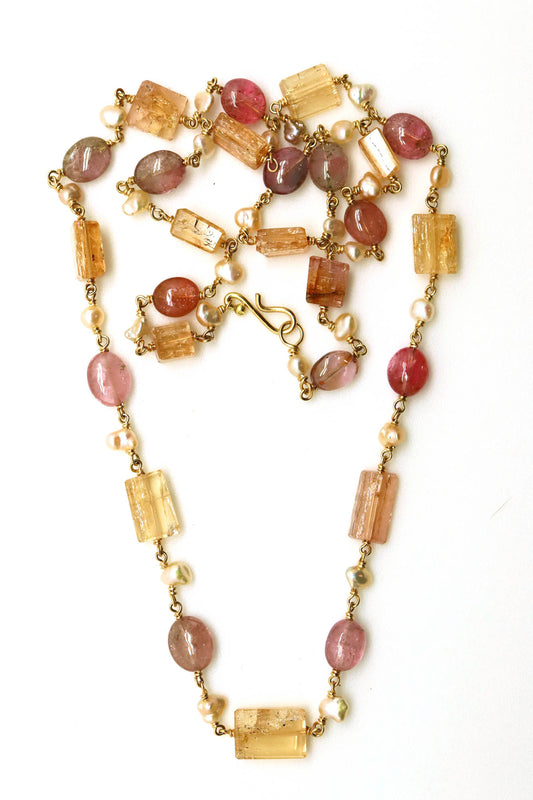 Necklace - Imperial Topaz, Pink Tourmaline, Pearls