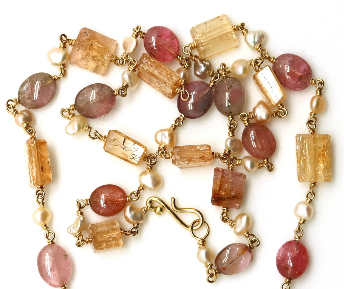 Necklace - Imperial Topaz, Pink Tourmaline, Pearls