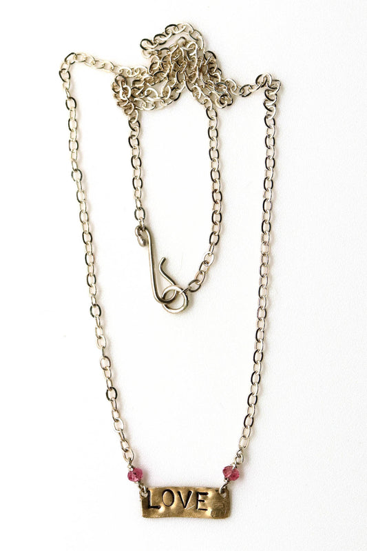 Necklace - Sterling, Pink Tourmaline LOVE 14k gold